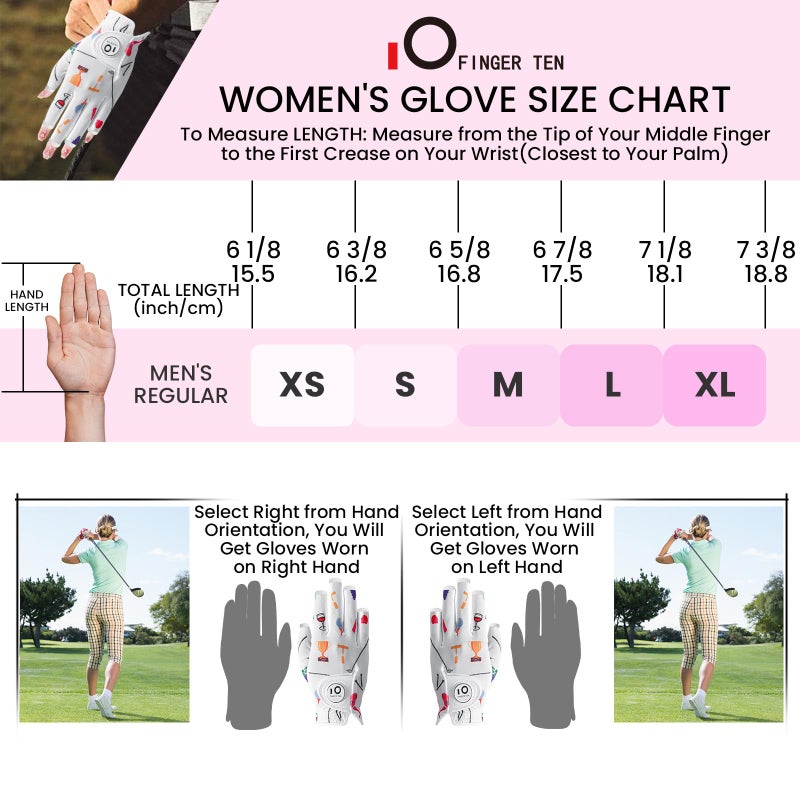 FINGER TEN قفازات جولف أنيقة للنساء من FINGER TEN مع علامة كرة 1 عبوة لليد اليسرى أو اليمنى، قفاز قابل للتنفس مع أنماط عصرية للاعبات الجولف (نصف حفلة جولف، متوسط، يسار)  - Image 5